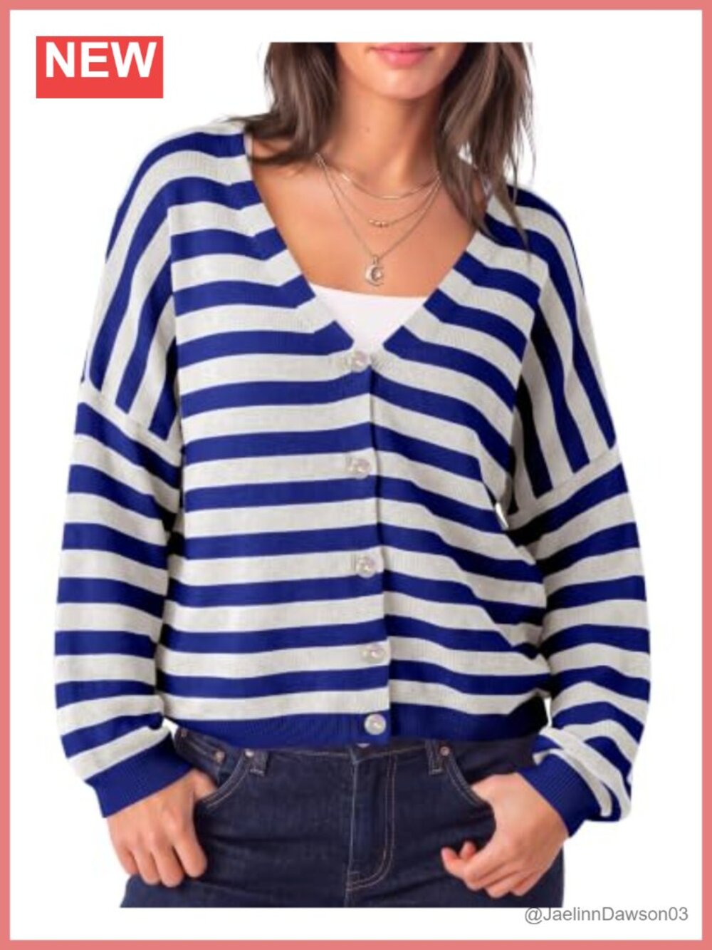 Women's Striped V-Neck Knit Cardigan Button Down Loose Sweater